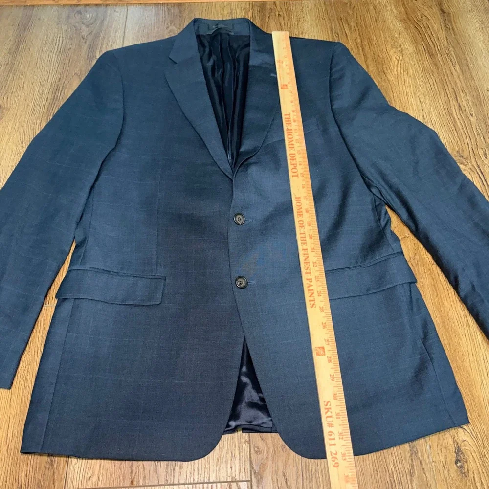 Lauren Ralph Lauren Mens 44L 100% Wool Navy Blue Windowpane Blazer Union Made